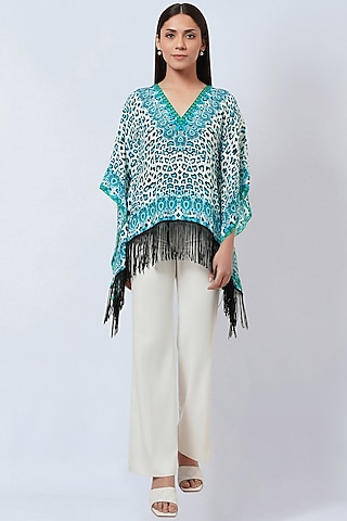 Sky Blue Viscose Crepe Printed & Embellished Kaftan Top by First Resort by Ramola Bachchan