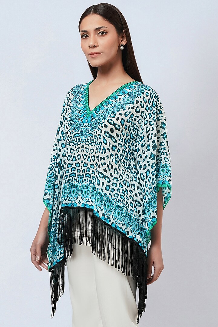 Sky Blue Viscose Crepe Printed & Embellished Kaftan Top by First Resort by Ramola Bachchan at Pernia's Pop Up Shop