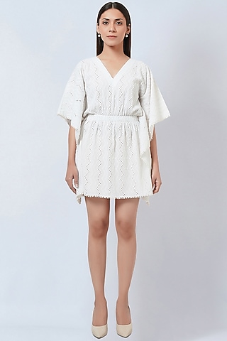 White Cotton Eyelet Kaftan Top by First Resort by Ramola Bachchan