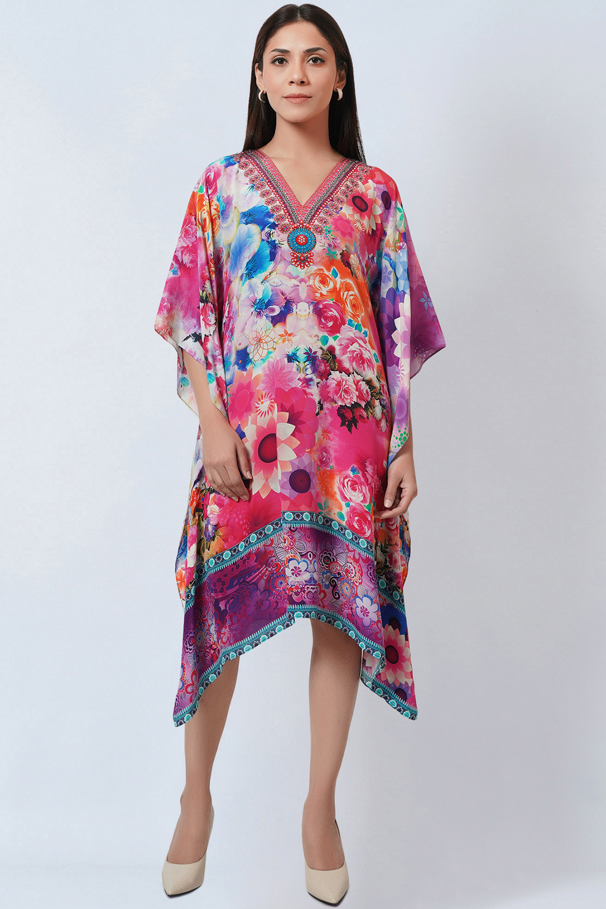 Multi-Colored Silk Crepe Printed Kaftan  by First Resort by Ramola Bachchan at Pernia's Pop Up Shop
