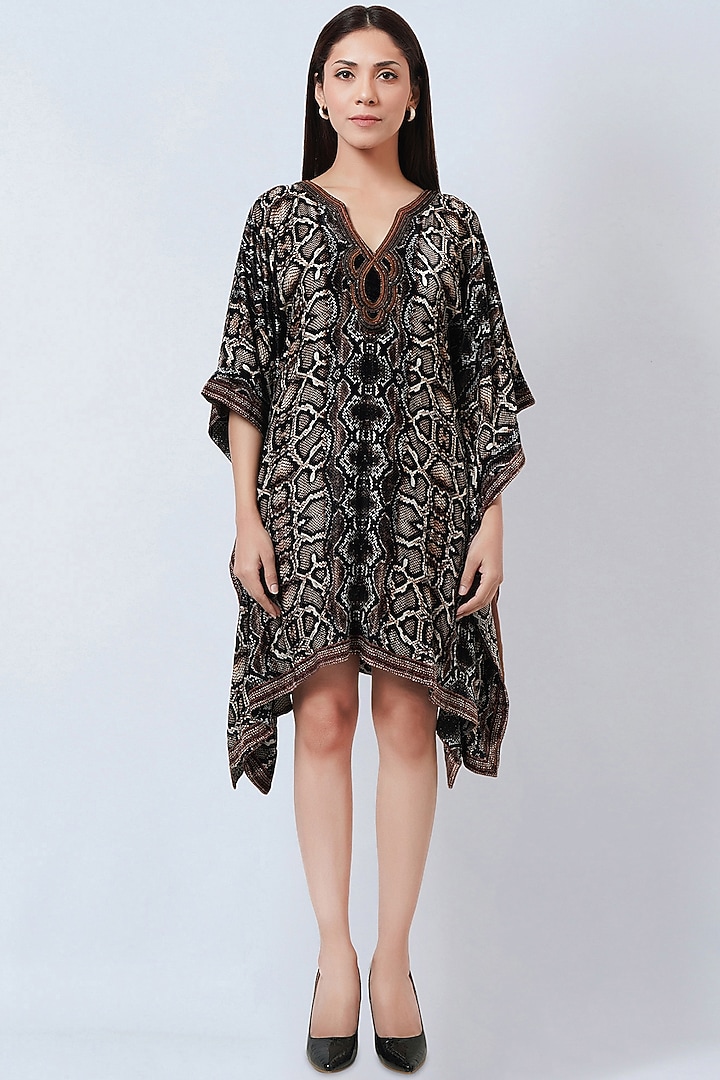 Brown Silk Velvet Printed & Embroidered Kaftan by First Resort by Ramola Bachchan at Pernia's Pop Up Shop