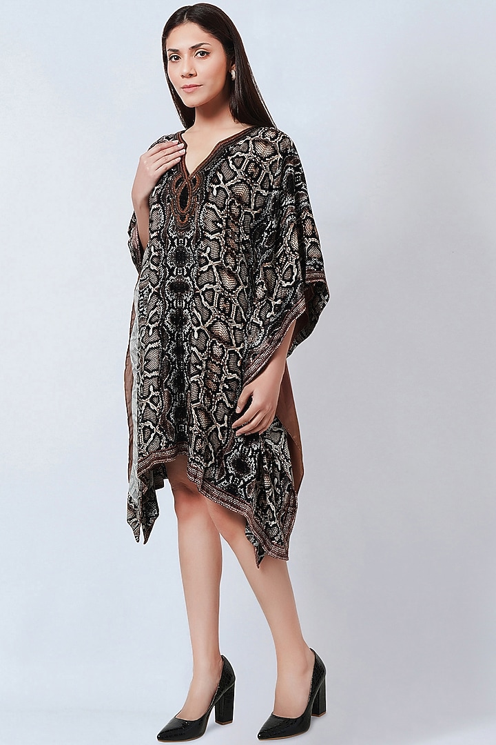 Brown Silk Velvet Printed & Embroidered Kaftan by First Resort by Ramola Bachchan at Pernia's Pop Up Shop
