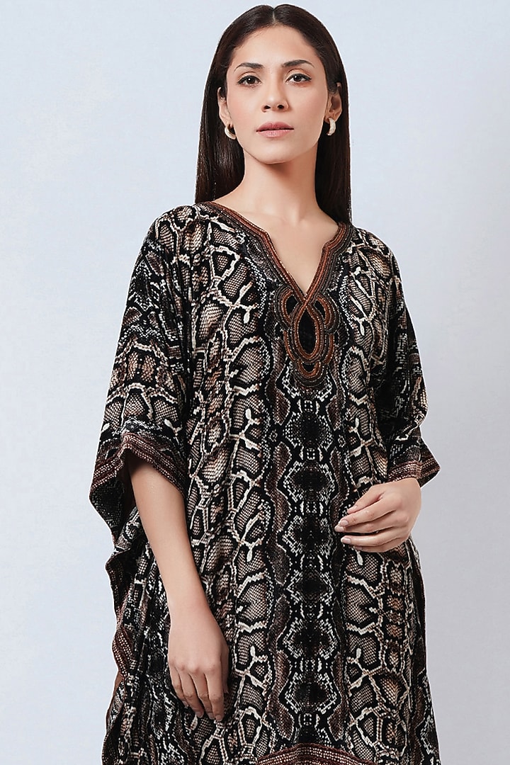 Brown Silk Velvet Printed & Embroidered Kaftan by First Resort by Ramola Bachchan at Pernia's Pop Up Shop