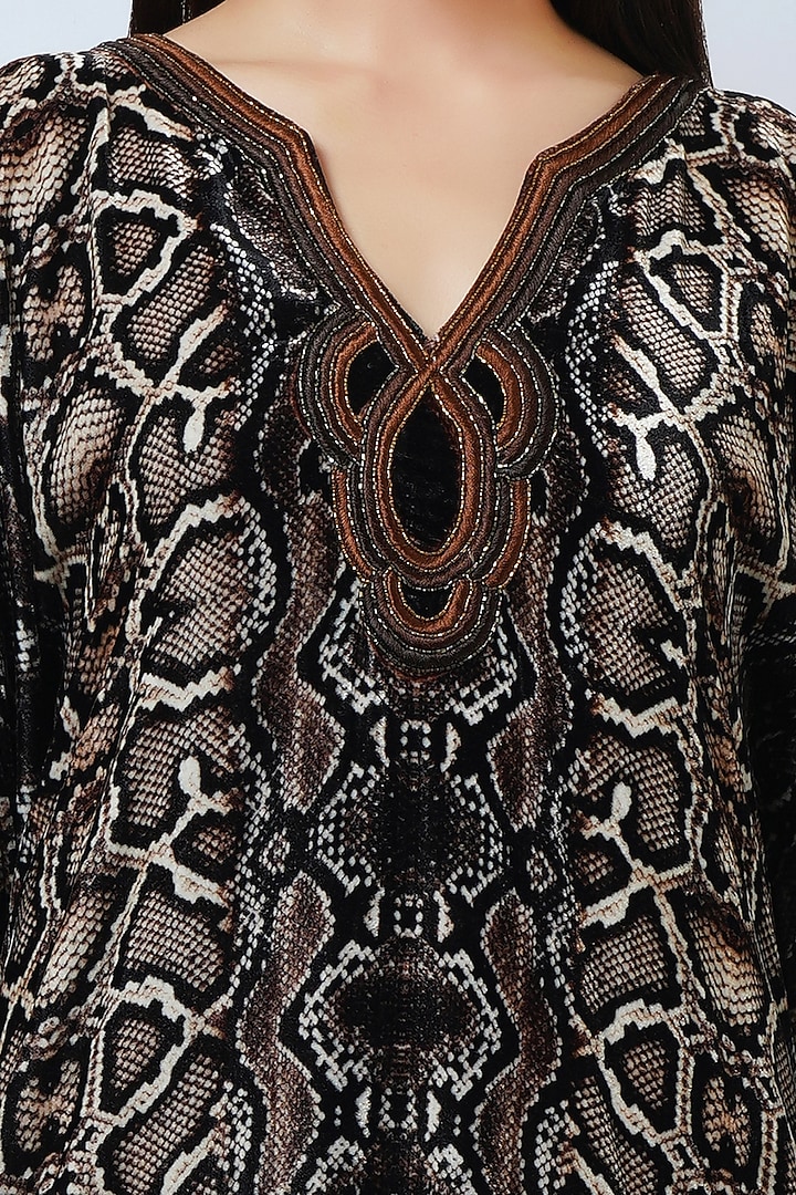 Brown Silk Velvet Printed & Embroidered Kaftan by First Resort by Ramola Bachchan at Pernia's Pop Up Shop