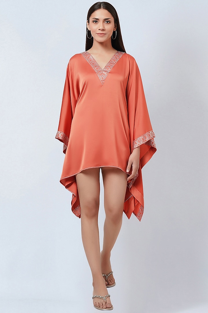 Coral Polyester Satin Embellished Kaftan by First Resort by Ramola Bachchan