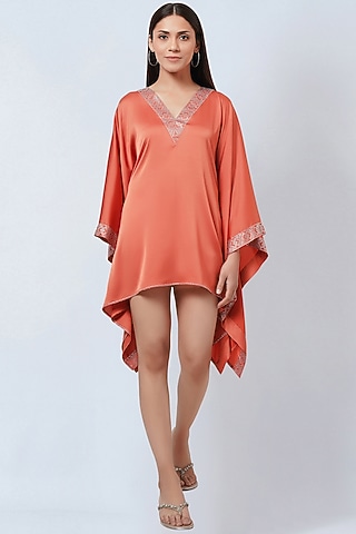 Coral Polyester Satin Embellished Kaftan by First Resort by Ramola Bachchan