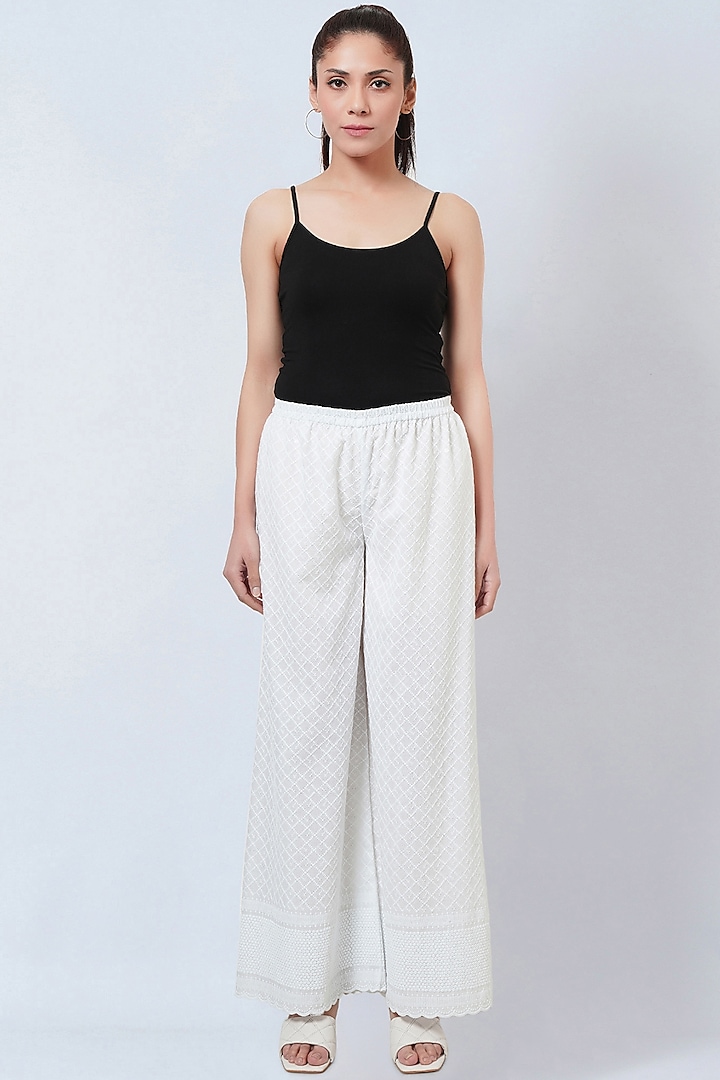 White Cotton Cambric Embroidered Pants by First Resort by Ramola Bachchan at Pernia's Pop Up Shop