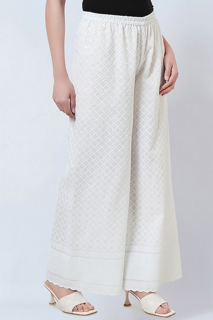 White Cotton Cambric Embroidered Pants by First Resort by Ramola Bachchan at Pernia's Pop Up Shop