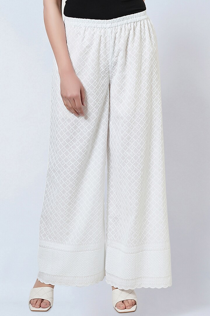 White Cotton Cambric Embroidered Pants by First Resort by Ramola Bachchan at Pernia's Pop Up Shop