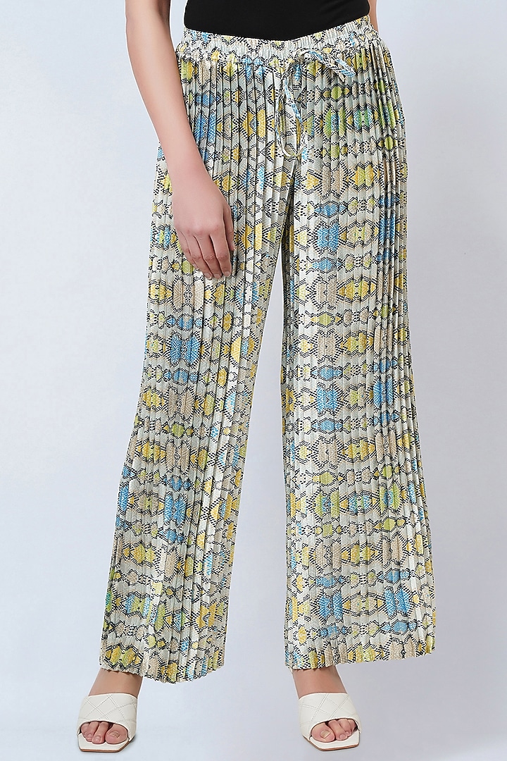 Yellow Polyester Satin Printed Palazzo Pants by First Resort by Ramola Bachchan at Pernia's Pop Up Shop