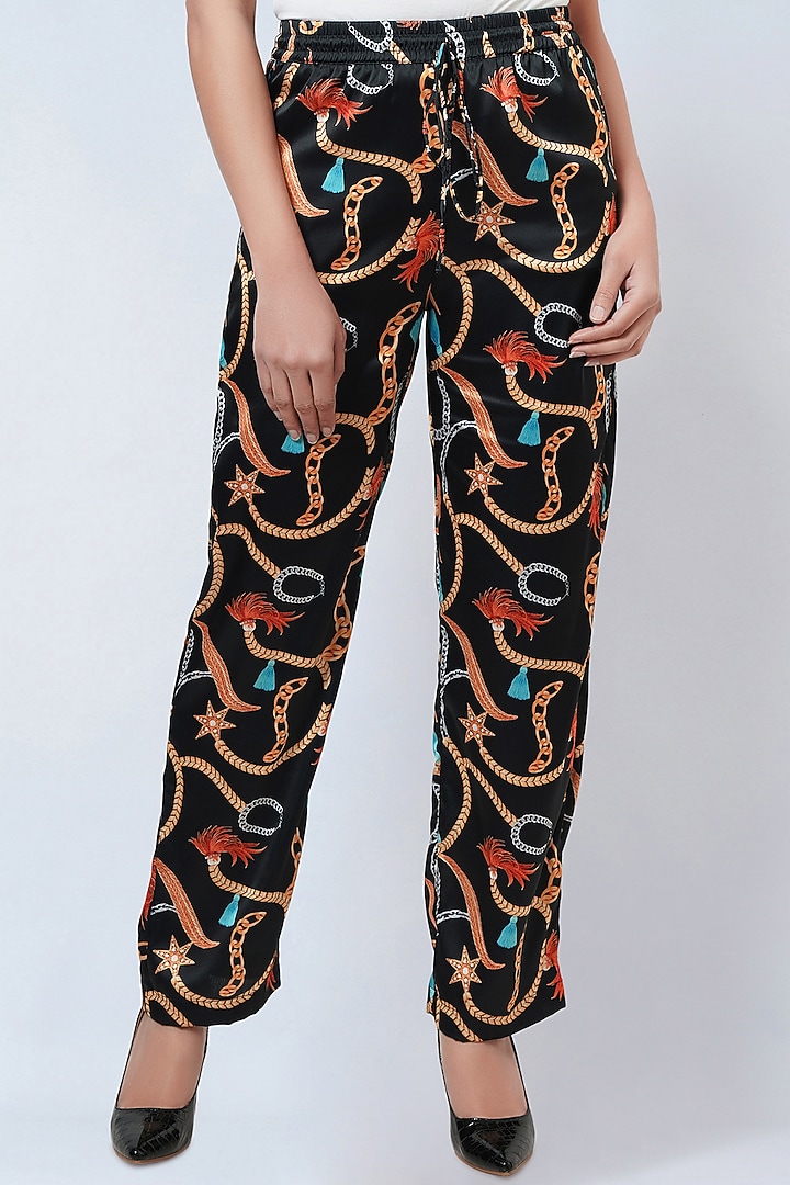 Black Polyester Satin Printed Palazzo Pants by First Resort by Ramola Bachchan at Pernia's Pop Up Shop