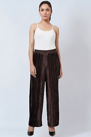 Brown Polyester Satin Printed Palazzo Pants by First Resort by Ramola Bachchan