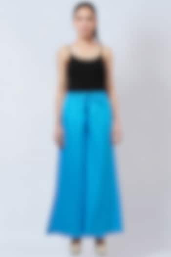 Sky Blue Cotton Satin Wide-Leg Pants by First Resort by Ramola Bachchan