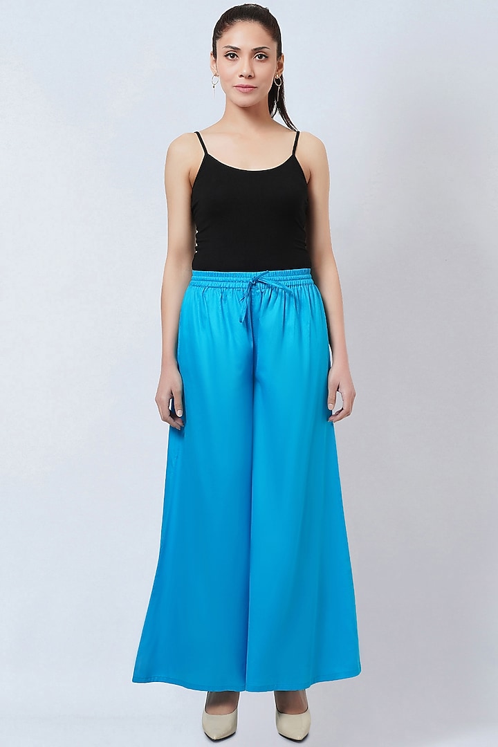 Sky Blue Cotton Satin Wide-Leg Pants by First Resort by Ramola Bachchan