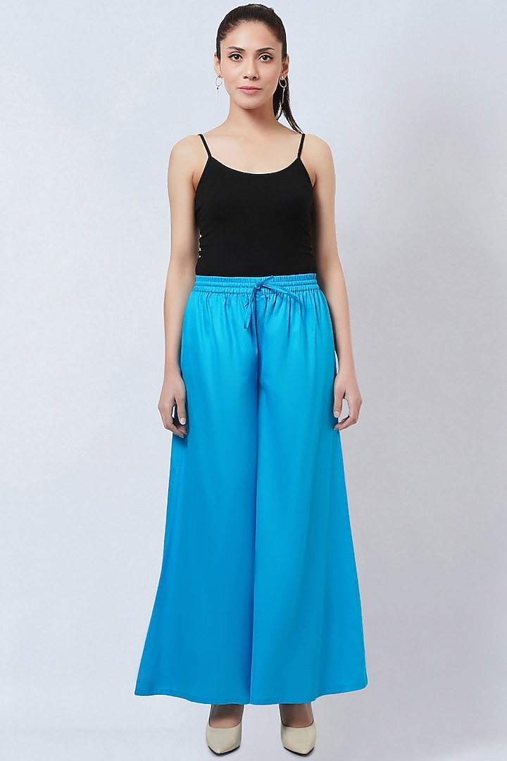 Sky Blue Cotton Satin Wide-Leg Pants Design by First Resort by Ramola ...