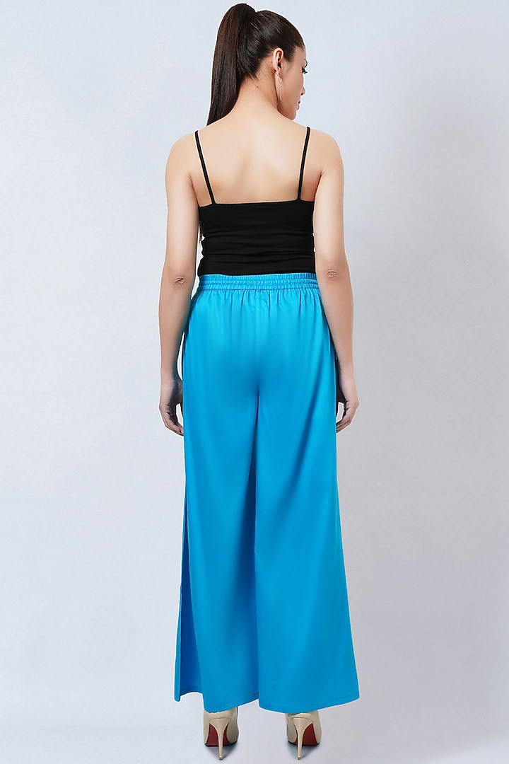 Sky Blue Cotton Satin Wide-Leg Pants by First Resort by Ramola Bachchan at Pernia's Pop Up Shop
