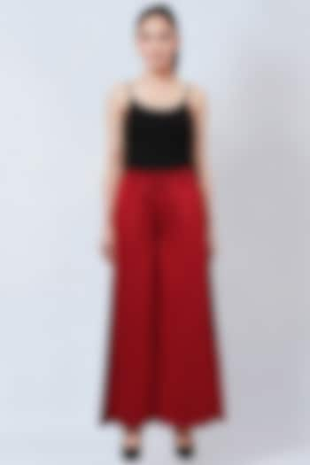 Maroon Cotton Satin Wide-Leg Pants by First Resort by Ramola Bachchan at Pernia's Pop Up Shop