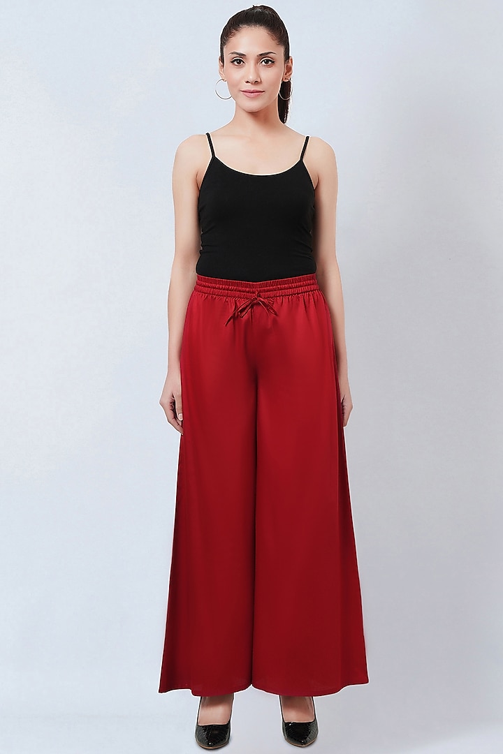 Maroon Cotton Satin Wide-Leg Pants by First Resort by Ramola Bachchan
