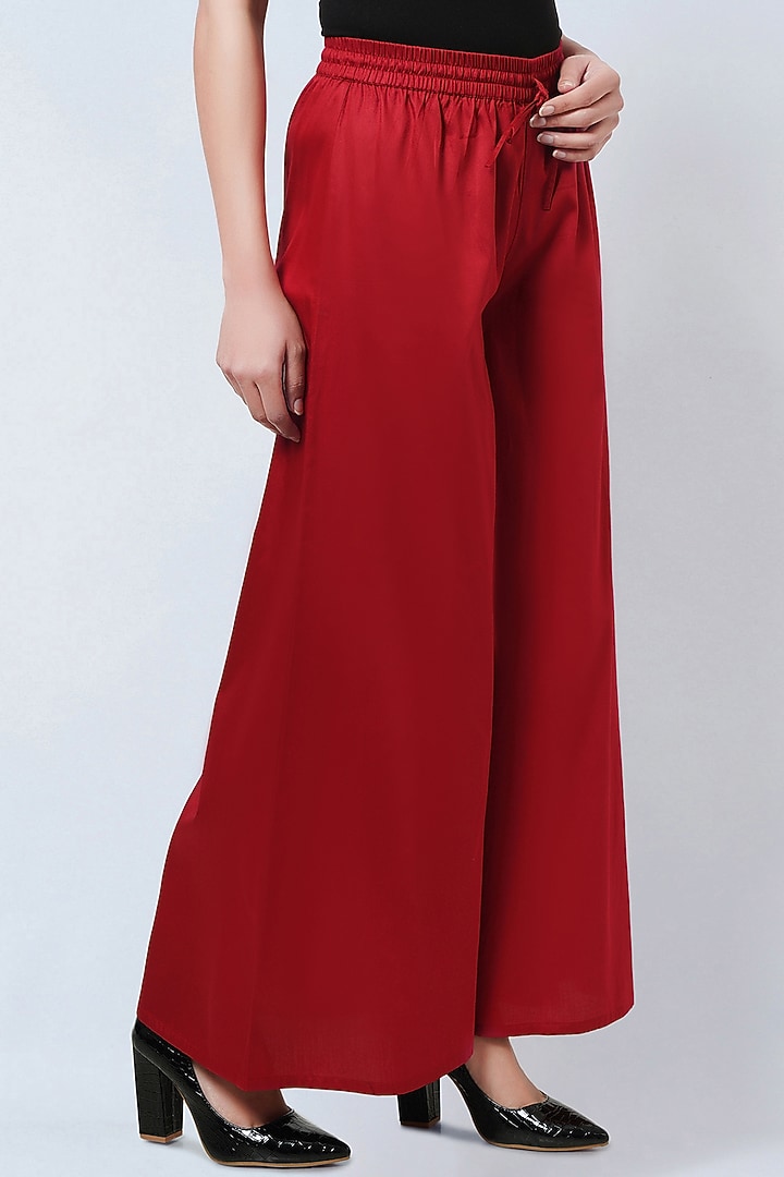 Maroon Cotton Satin Wide-Leg Pants by First Resort by Ramola Bachchan at Pernia's Pop Up Shop
