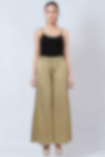 Beige Cotton Satin Wide-Leg Pants by First Resort by Ramola Bachchan