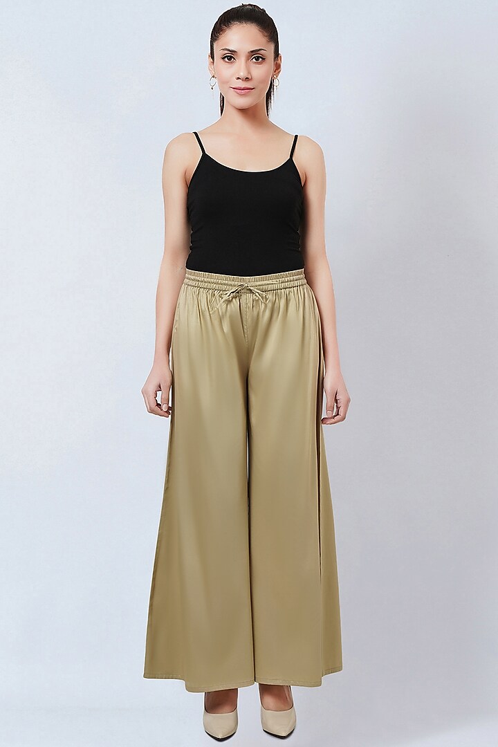 Beige Cotton Satin Wide-Leg Pants by First Resort by Ramola Bachchan