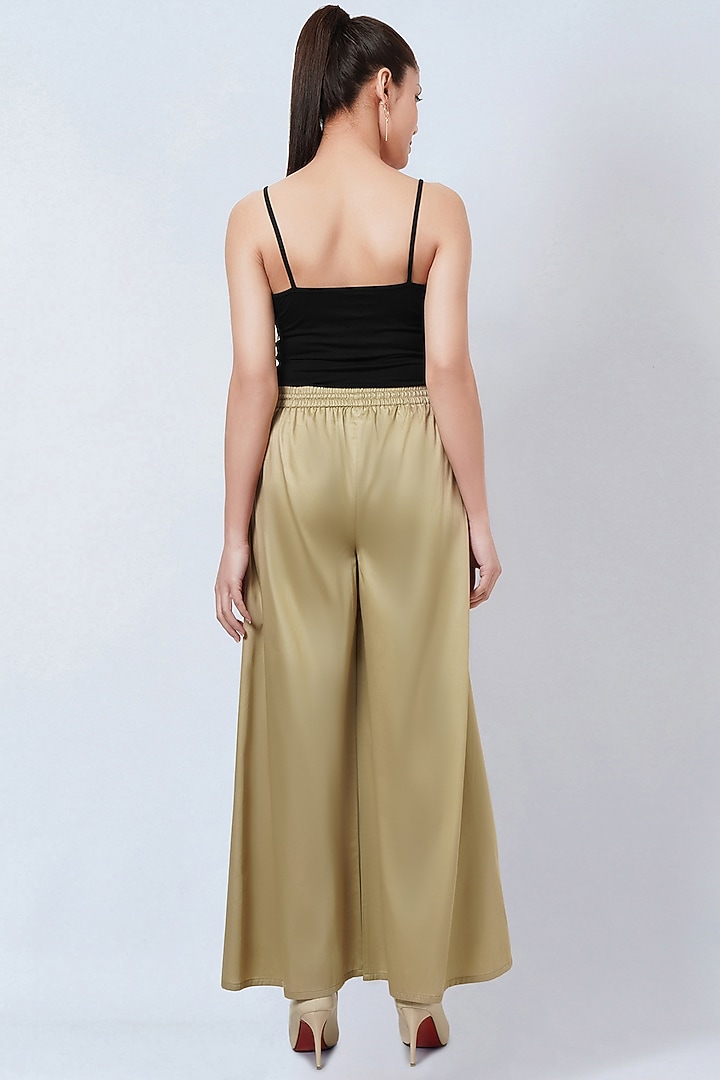 Beige Cotton Satin Wide-Leg Pants by First Resort by Ramola Bachchan at Pernia's Pop Up Shop