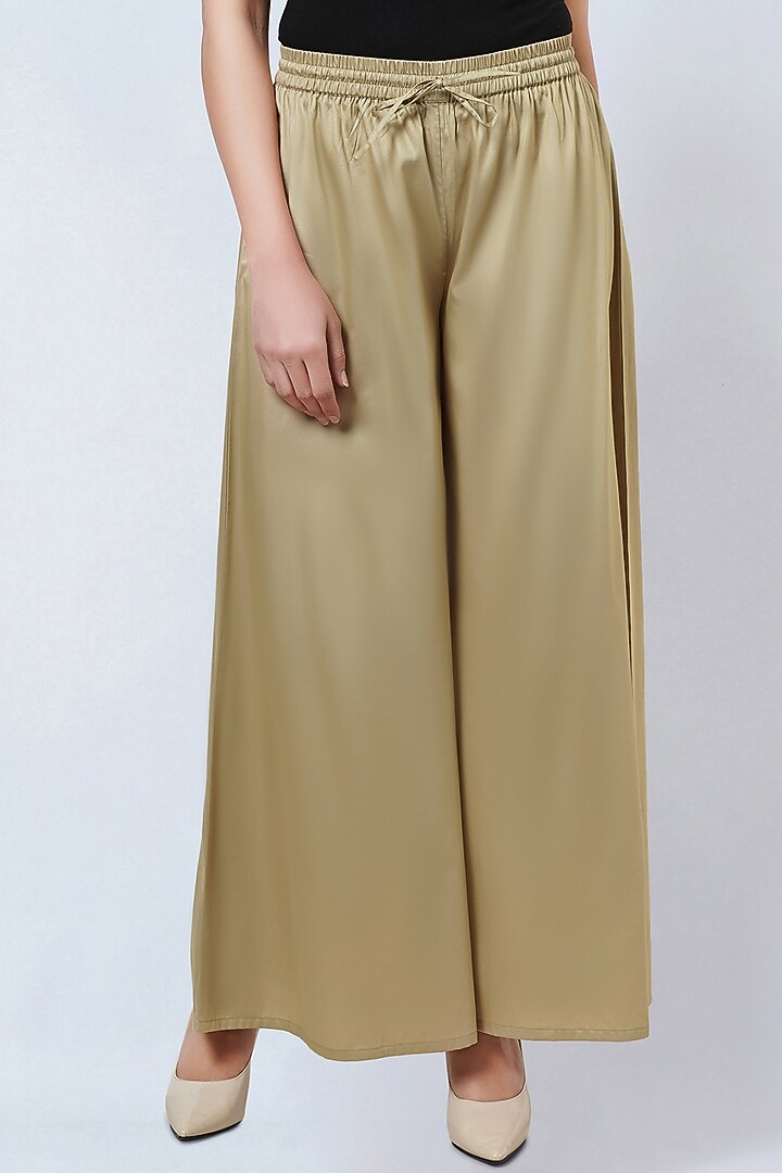 Beige Cotton Satin Wide-Leg Pants by First Resort by Ramola Bachchan at Pernia's Pop Up Shop