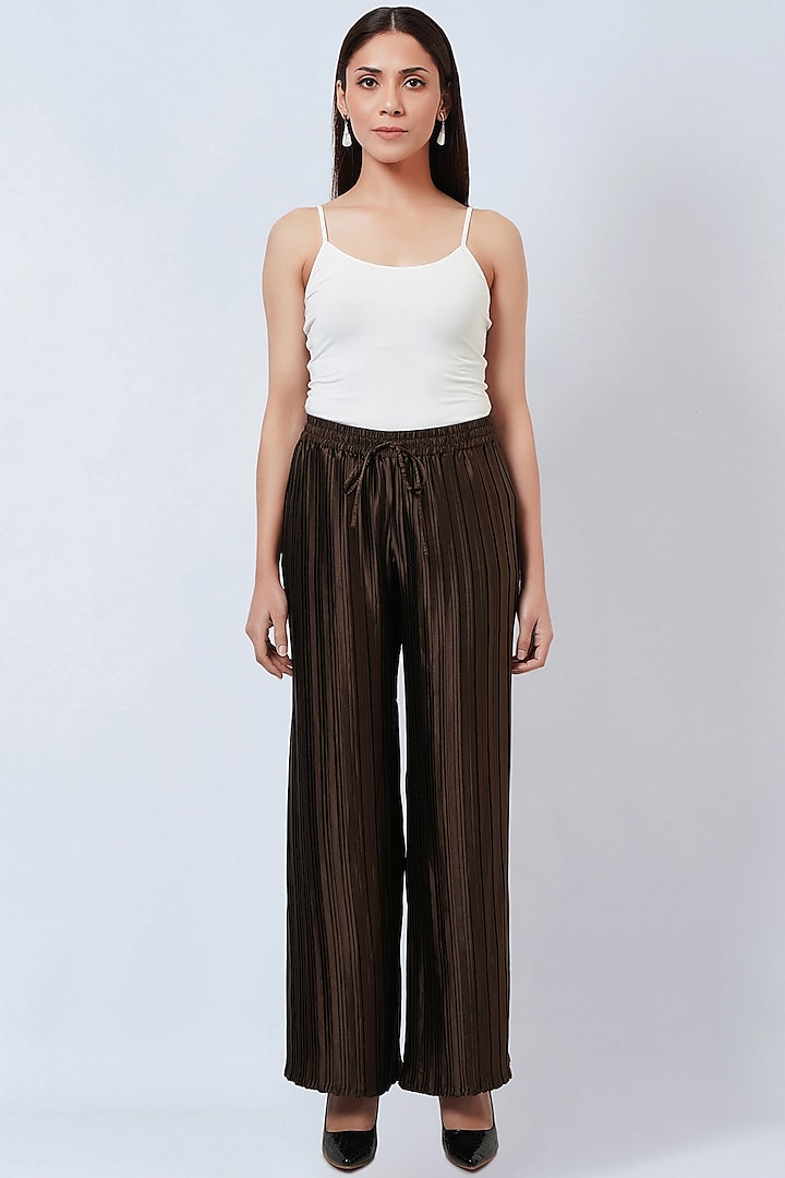 Brown Polyester Satin Palazzo Pants by First Resort by Ramola Bachchan