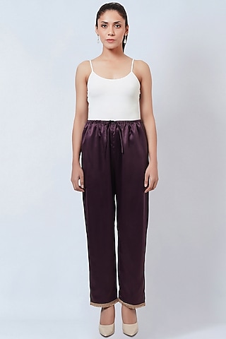 Purple Polyester Satin Straight Pants by First Resort by Ramola Bachchan