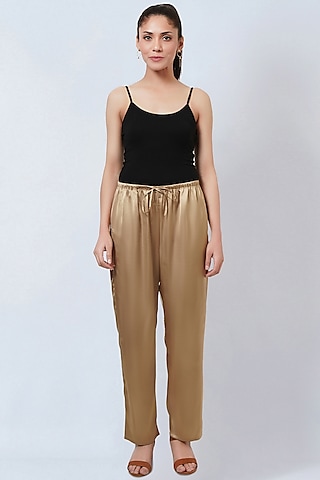 Gold Polyester Satin Straight Pants by First Resort by Ramola Bachchan