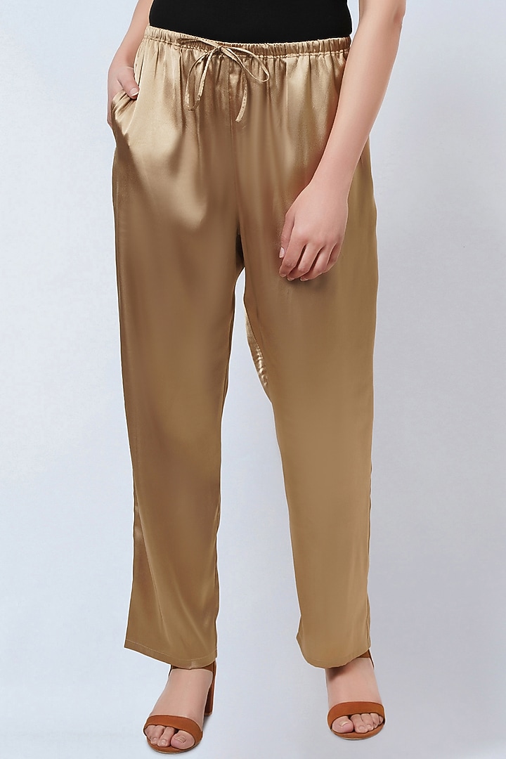 Gold Polyester Satin Straight Pants by First Resort by Ramola Bachchan at Pernia's Pop Up Shop