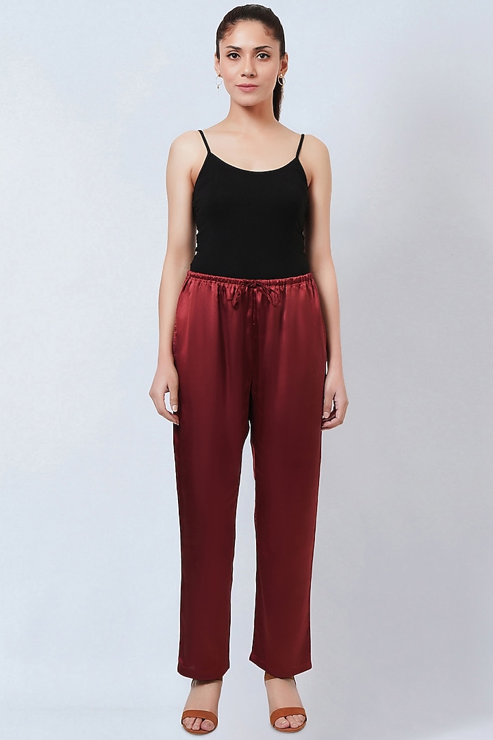 Maroon Polyester Satin Straight Pants by First Resort by Ramola Bachchan