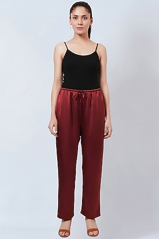 Maroon Polyester Satin Straight Pants by First Resort by Ramola Bachchan