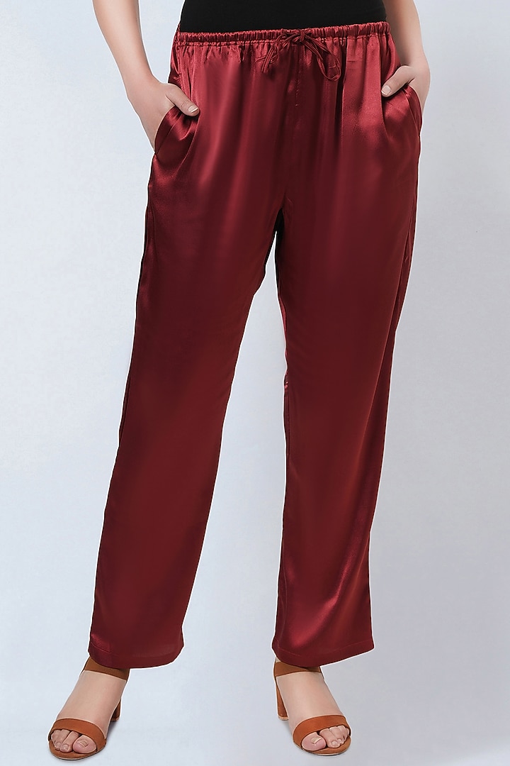 Maroon Polyester Satin Straight Pants by First Resort by Ramola Bachchan at Pernia's Pop Up Shop