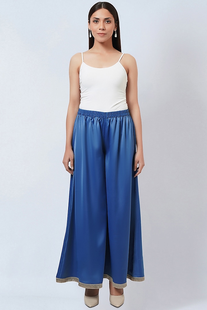 Sky Blue Polyester Crepe Wide-Leg Pants by First Resort by Ramola Bachchan