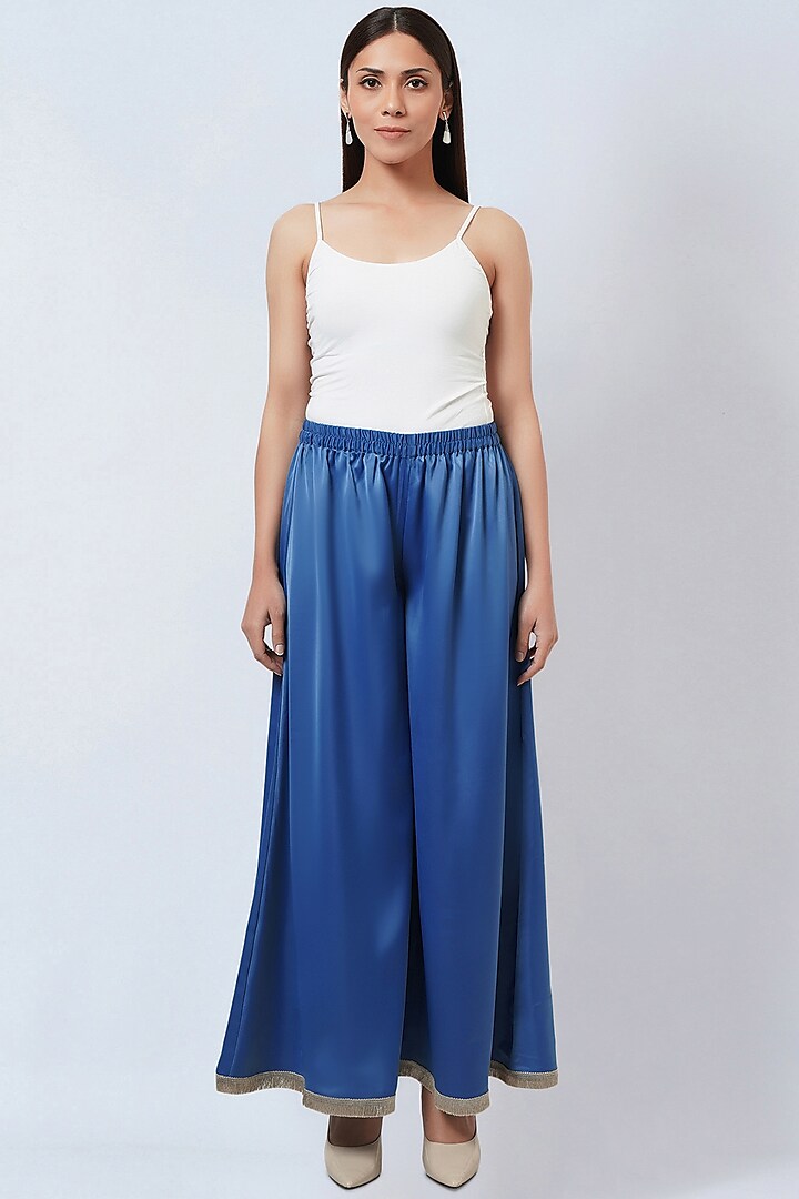 Sky Blue Polyester Crepe Wide-Leg Pants by First Resort by Ramola Bachchan at Pernia's Pop Up Shop