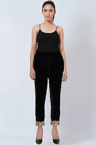 Black Silk Velvet Straight Pants by First Resort by Ramola Bachchan