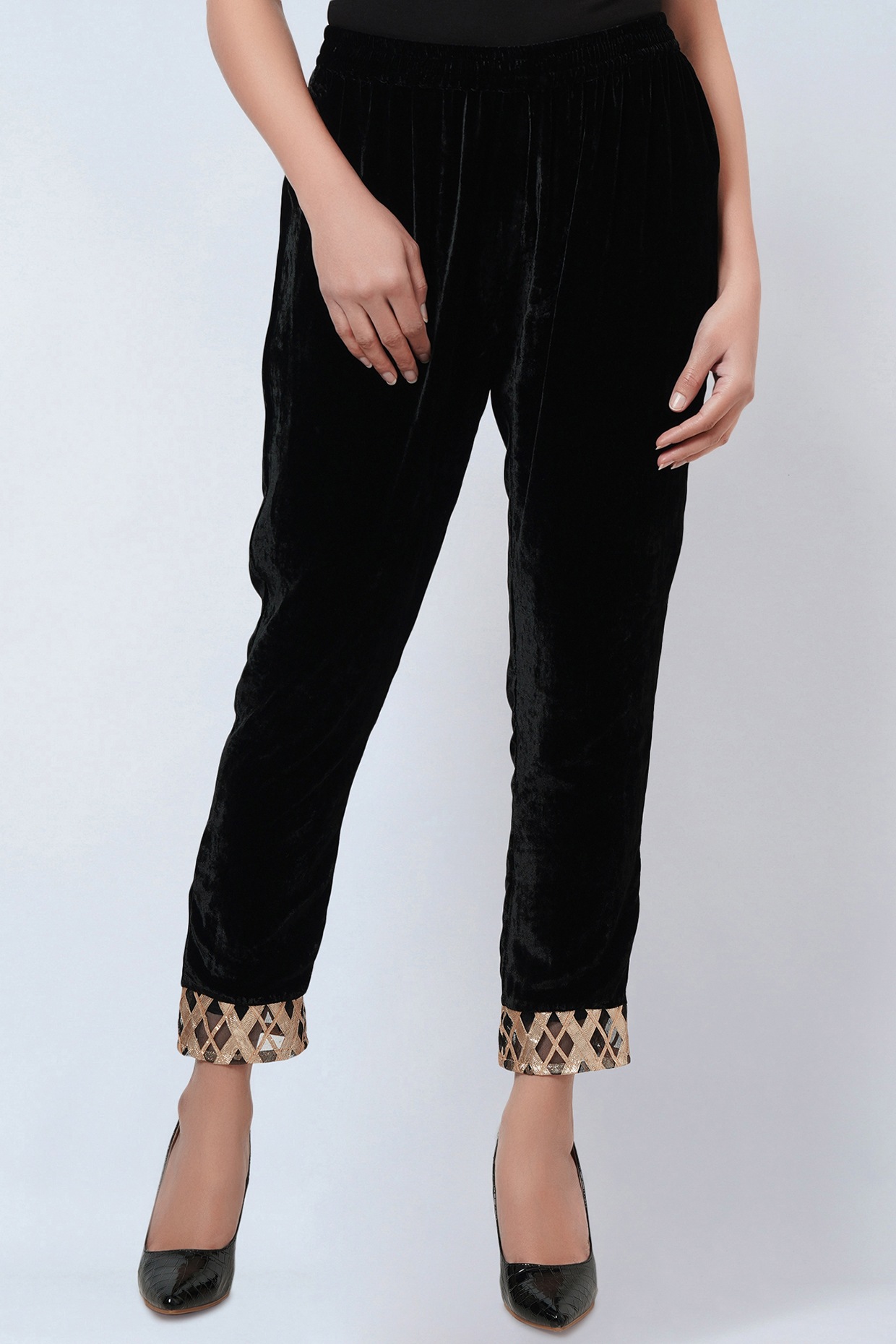 Classy Black Cotton Silk Pants with Elegant Mirror Embroidery – Sujatra