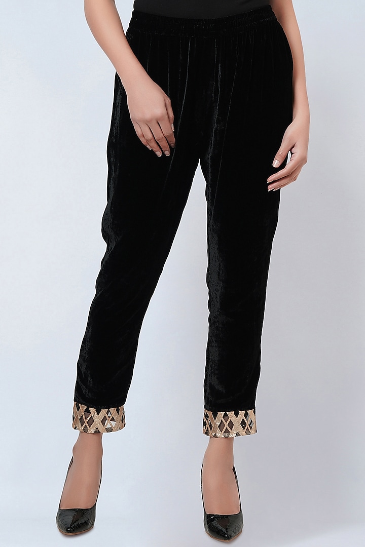 Black Silk Velvet Straight Pants Design by First Resort by Ramola Bachchan  at Pernia's Pop Up Shop 2024