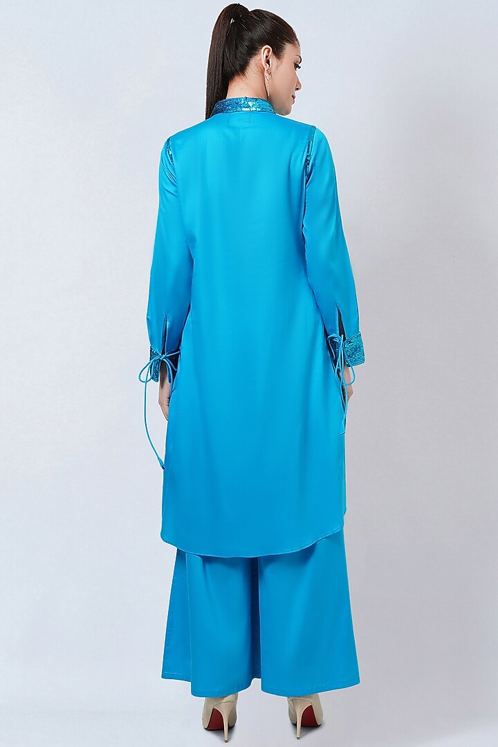 Sky Blue Cotton Satin Co-Ord Set by First Resort by Ramola Bachchan at Pernia's Pop Up Shop