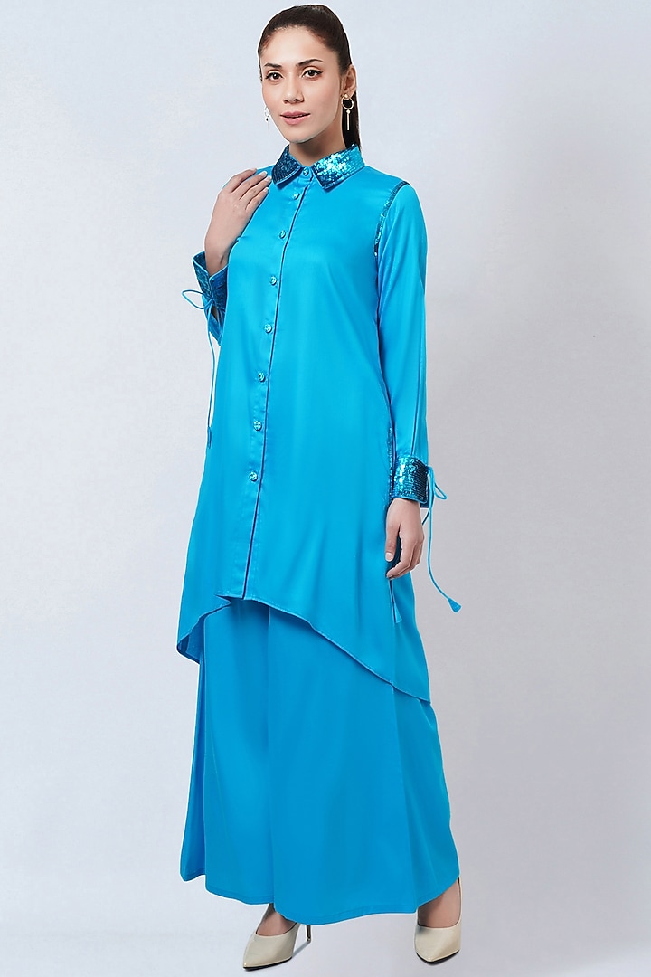 Sky Blue Cotton Satin Co-Ord Set by First Resort by Ramola Bachchan at Pernia's Pop Up Shop