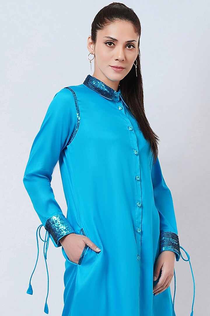 Sky Blue Cotton Satin Co-Ord Set by First Resort by Ramola Bachchan at Pernia's Pop Up Shop