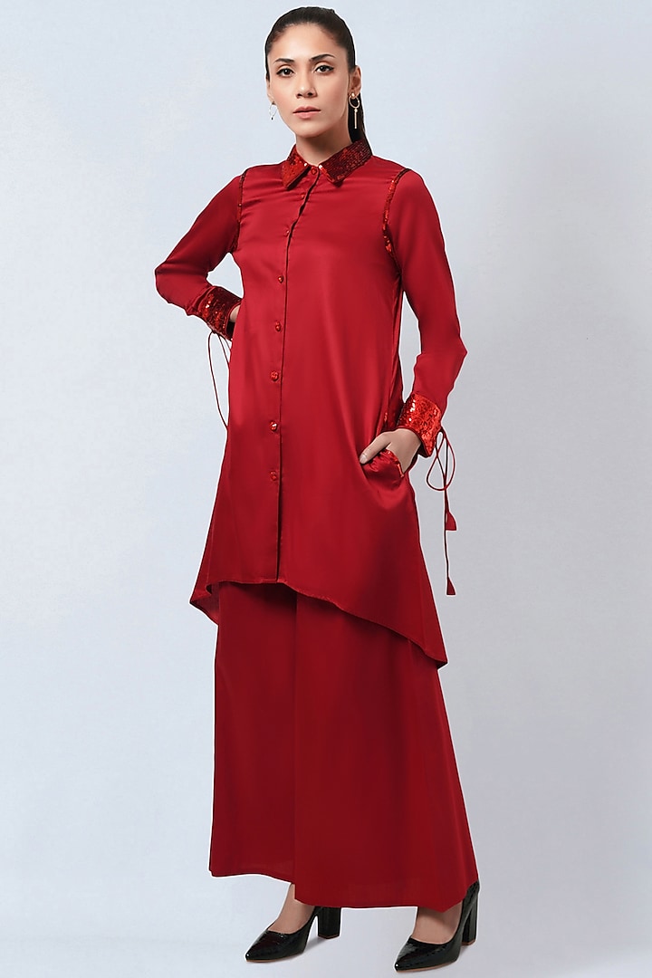 Red Cotton Satin Co-Ord Set by First Resort by Ramola Bachchan