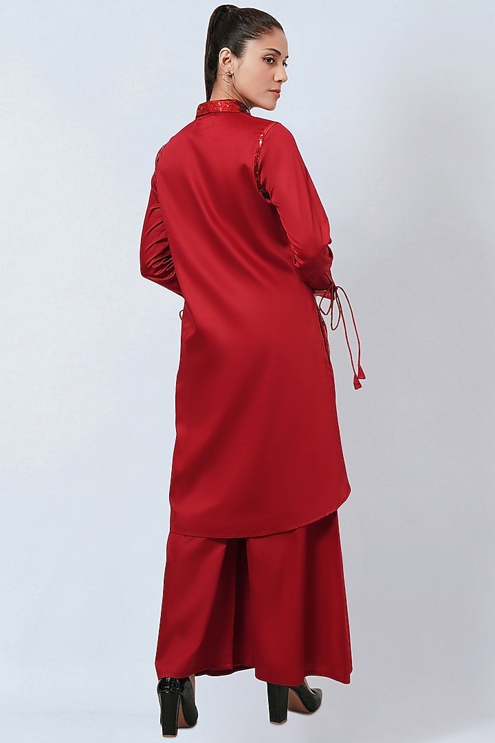 Red Cotton Satin Co-Ord Set by First Resort by Ramola Bachchan at Pernia's Pop Up Shop