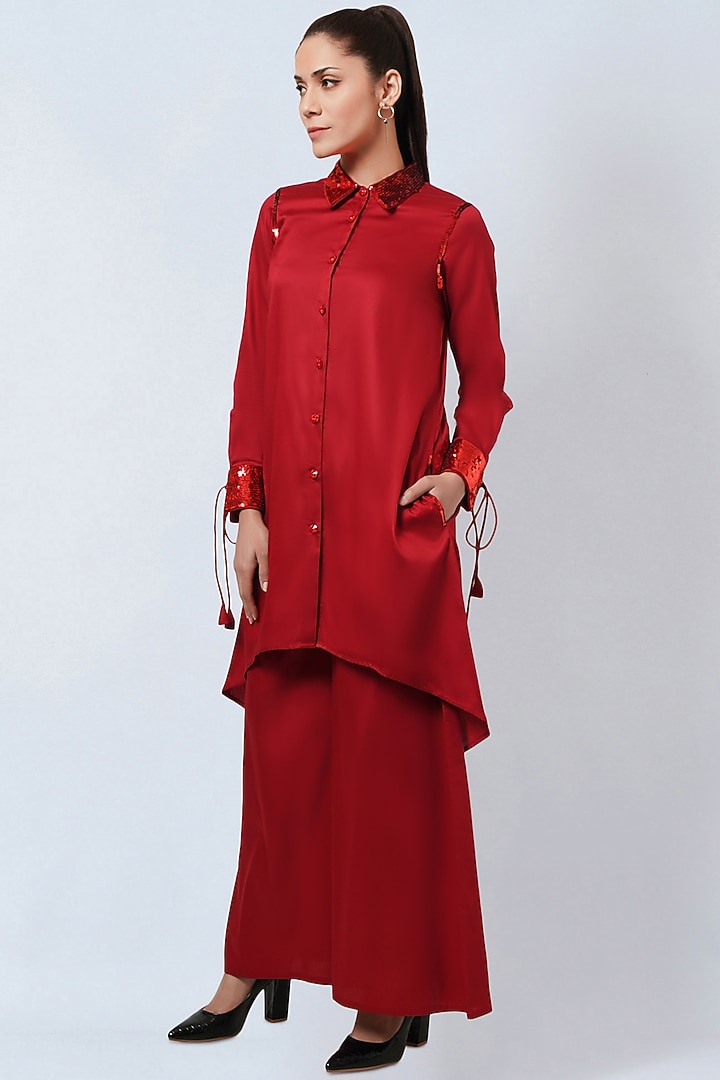 Red Cotton Satin Co-Ord Set by First Resort by Ramola Bachchan at Pernia's Pop Up Shop