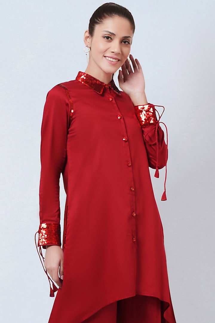Red Cotton Satin Co-Ord Set by First Resort by Ramola Bachchan at Pernia's Pop Up Shop