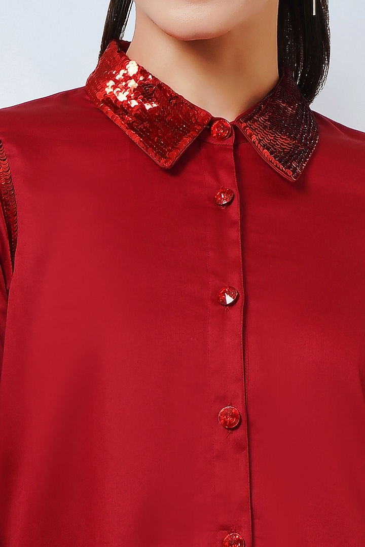 Red Cotton Satin Co-Ord Set by First Resort by Ramola Bachchan at Pernia's Pop Up Shop
