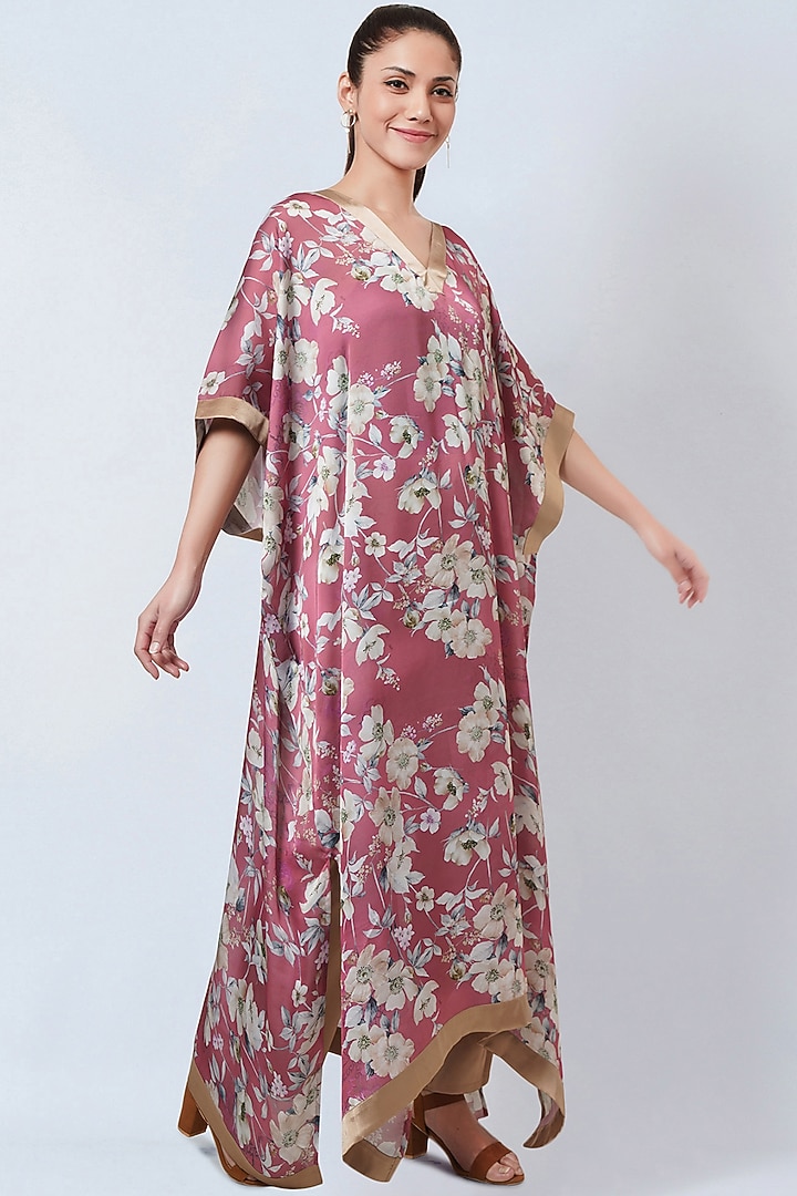 Blush Pink Satin Georgette Printed Kaftan Set by First Resort by Ramola Bachchan at Pernia's Pop Up Shop