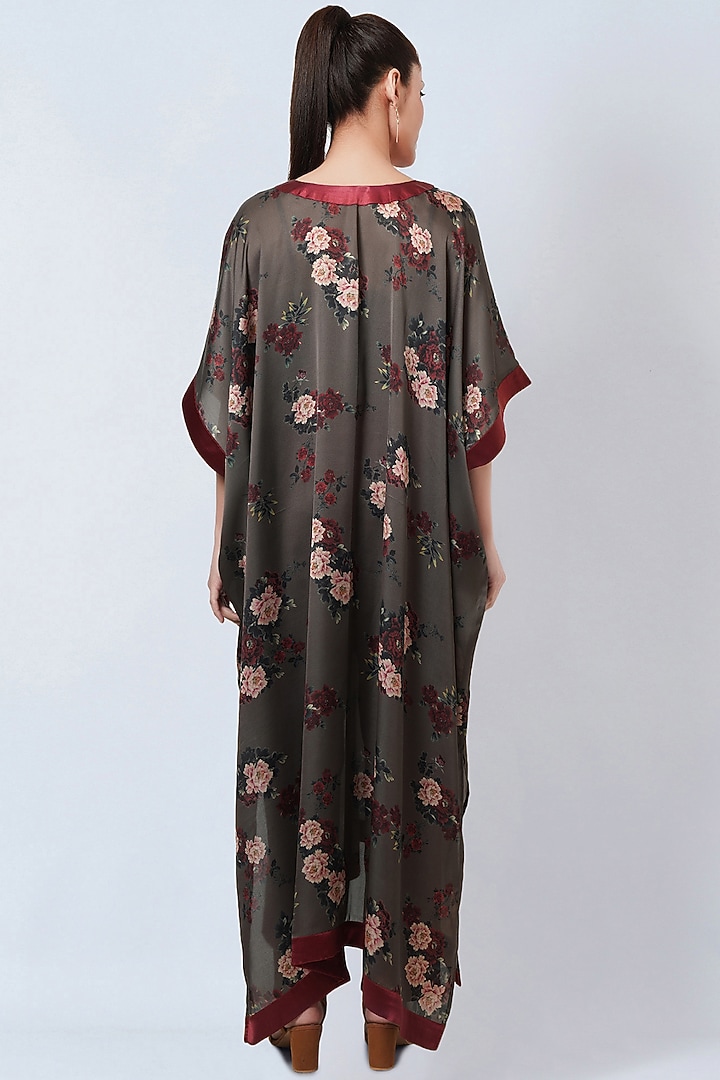 Olive Green Satin Georgette Printed Kaftan Set by First Resort by Ramola Bachchan at Pernia's Pop Up Shop