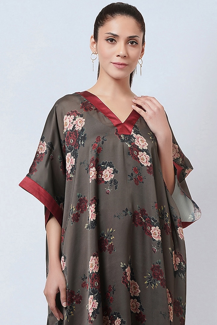 Olive Green Satin Georgette Printed Kaftan Set by First Resort by Ramola Bachchan at Pernia's Pop Up Shop